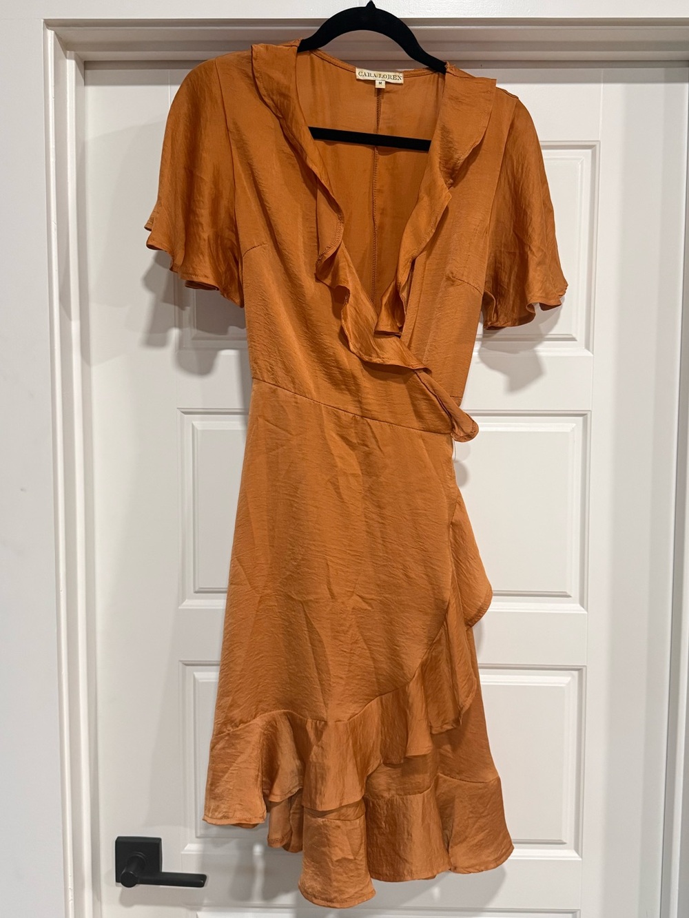 Cara Loren Silky Ruffle Wrap Mini Dress in Rust Orange